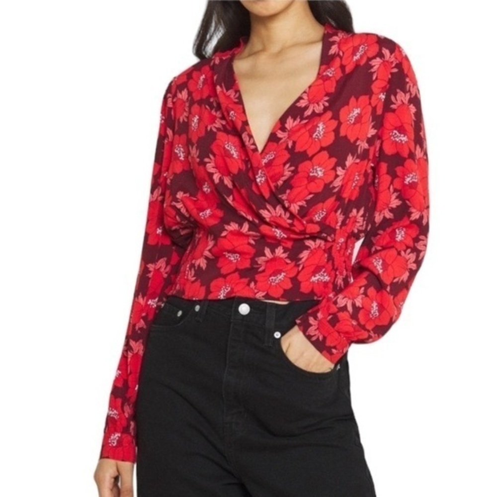 NEW Rolla’s Bella Datura Floral Print Wrap Blouse in Raspberry Red